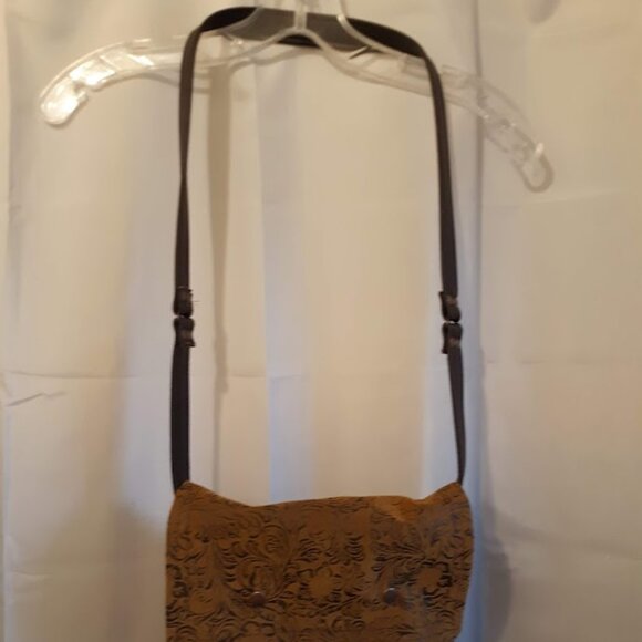 NEW Faux Leather Tooled Western Crossbody Satchel Purse bag Flip Top Sling Brown - Picture 3 of 13